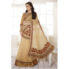 Awesome Beige Colored Embroidered Net Jacquard Lehenga Saree